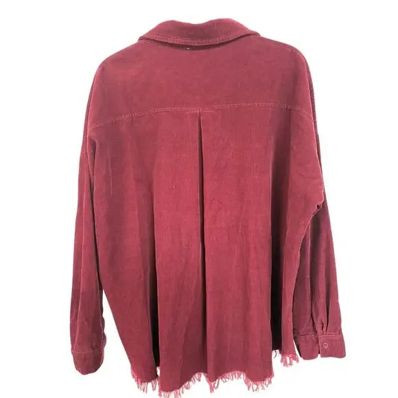 Corduroy Burgundy Velvety Shacket Raw Hem Alternative Grunge Barn Medium - Picture 2 of 9